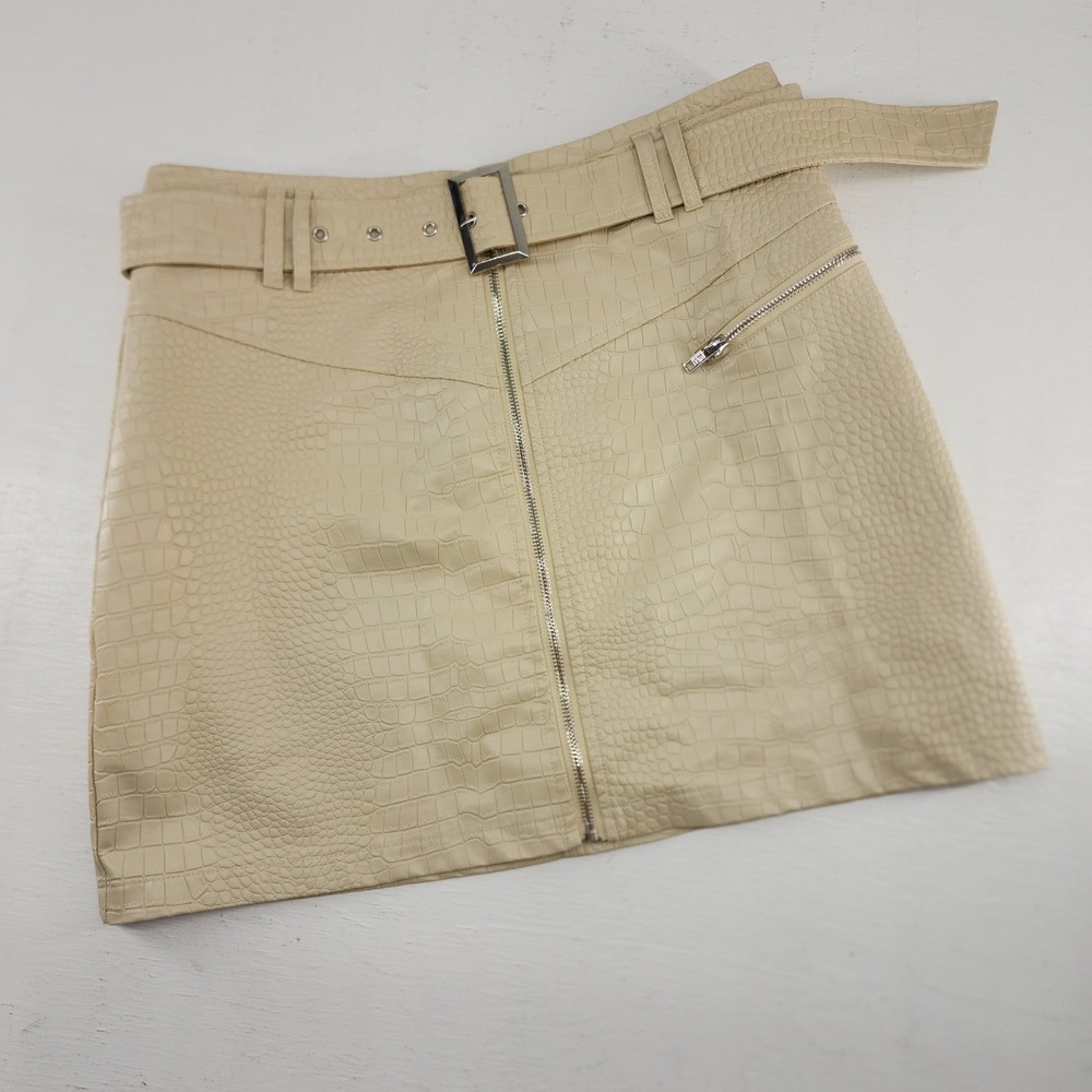 Missguided Size 10 | Beige Croc Embossed Faux Leather Belted Mini‎ Skirt Womens